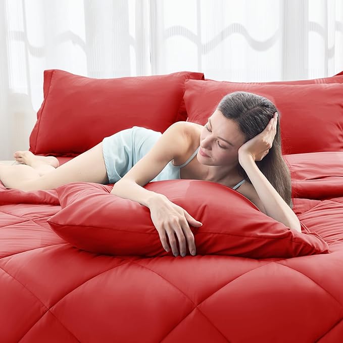 HEVUMYI Red Twin Comforter Set - 5-Piece All Season Bed in a Bag Twin, Ultra Soft Bedding Set with Comforter, Flat Sheet, Fitted Sheet, Pillowcases, Pillow Shams