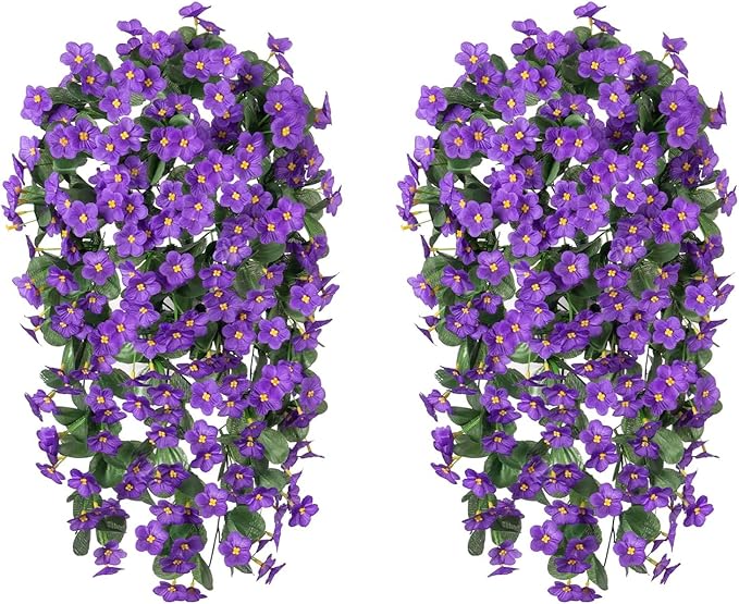 HyeFlora Artificial Faux Hanging Plants Flowers Vines for Outdoor Outside Fall Decoration, 2PCS Fake Silk Daisy Mums UV Resistant Look Real Purple Orchid Vine for Front Door Porch Planter Balcony