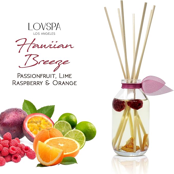 LOVSPA Reed Diffuser Set, Hawaiian Breeze Scented Oil Diffuser with Sticks, Home Fragrance Accessories for Bathroom Shelf Decor, Aroma Diffusers for Home or Office Desk, USA Made
