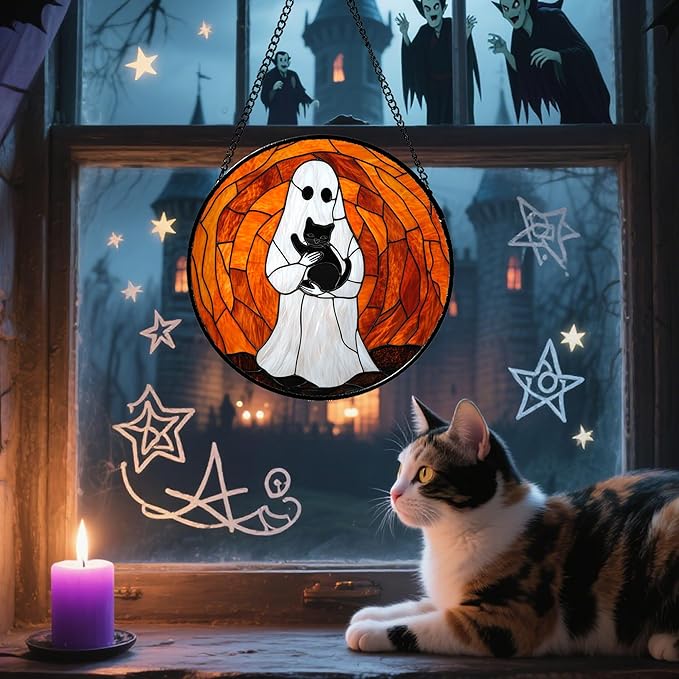 Stained Glass Window Hanging - Halloween Cute White Ghost Black Cat Suncatcher for Doors Garden Home Spooky Orange Sun Catchers Gothic Decor Horror Gift for Women Men Friend Boy Girl 9.8 in