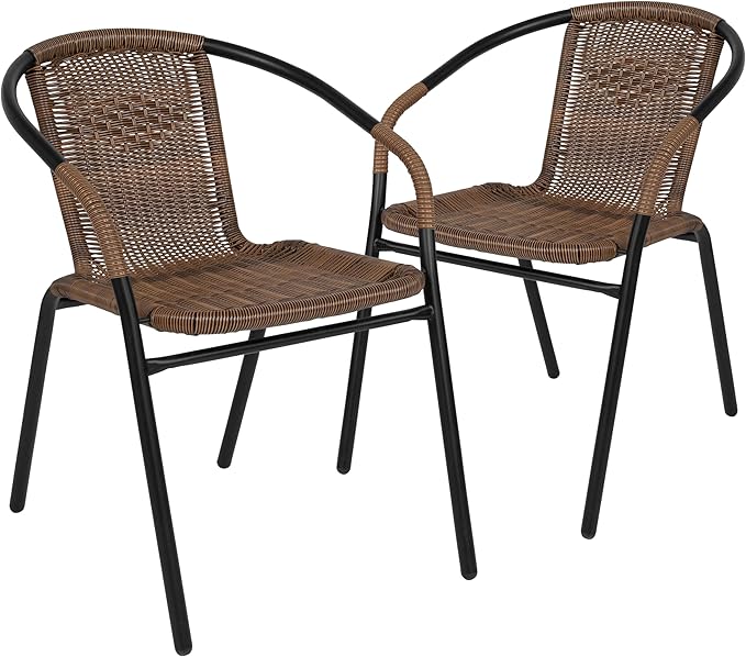 Flash Furniture Lila Modern Rattan Indoor/Outdoor Stackable Dining Chairs, Stacking Rattan Bistro Chairs for Patio or Restaurant, Set of 2, Brown