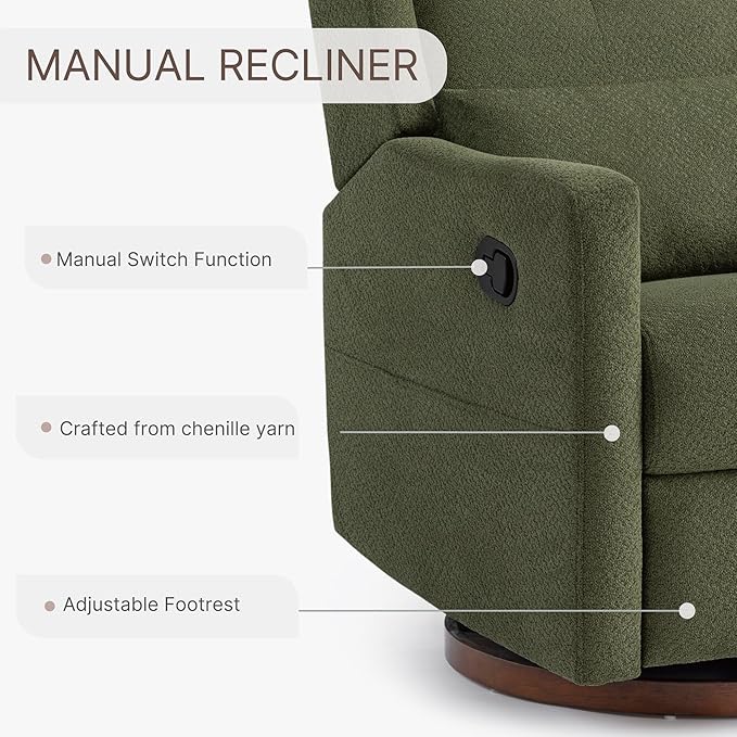 Upholstered Recliner Swivel Glider Nursery Chair Reclining Performance Fabric Rocker with Wood Base,Boucle,Moss Green
