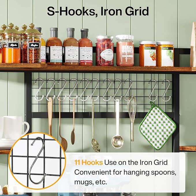 Tribesigns Large Bakers Rack, 55" Wide Kitchen Hutch Cabinet Microwave Stand with 11 Hooks, 5-Tier Baker’s Rack Kitchen Storage Shelf with Hutch, Rustic Brown