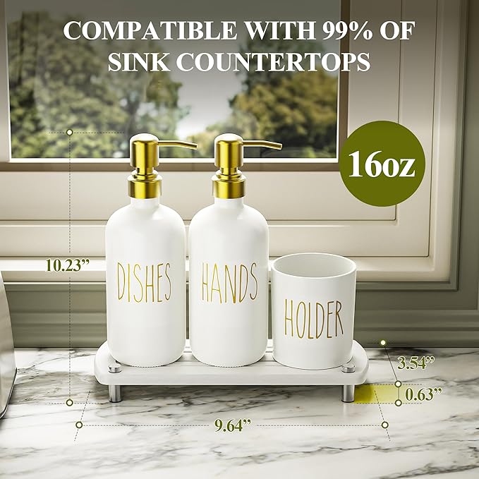 Cisily Gold Kitchen Soap Dispenser Set with Dish Brush Holder, Dish and Hand Soap Dispenser Set with Stainless Steel Pumps, Instant Dry Tray, Suitable for Kitchen Decor and Accessories(Gold&White)