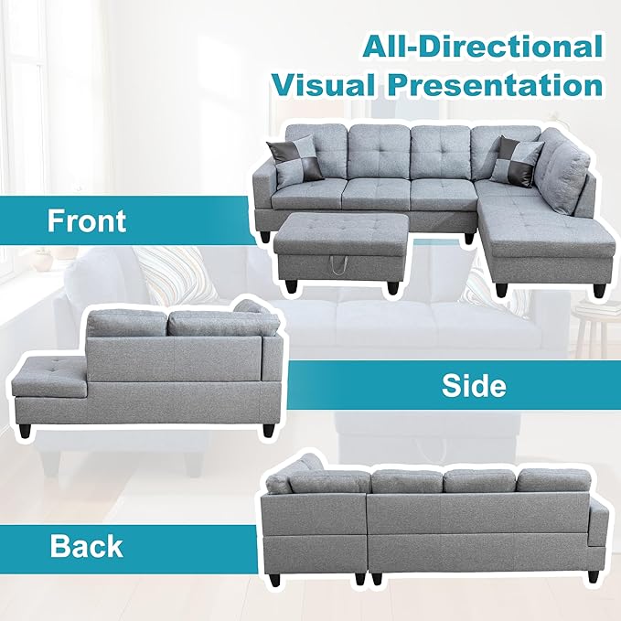 Couches for Living Room Modern L Shaped Couch Comfy Linen Fabric 3 Pieces Sectional Sofa with Chaise, Ottoman with Storage for Office and Small Apartment, Grey