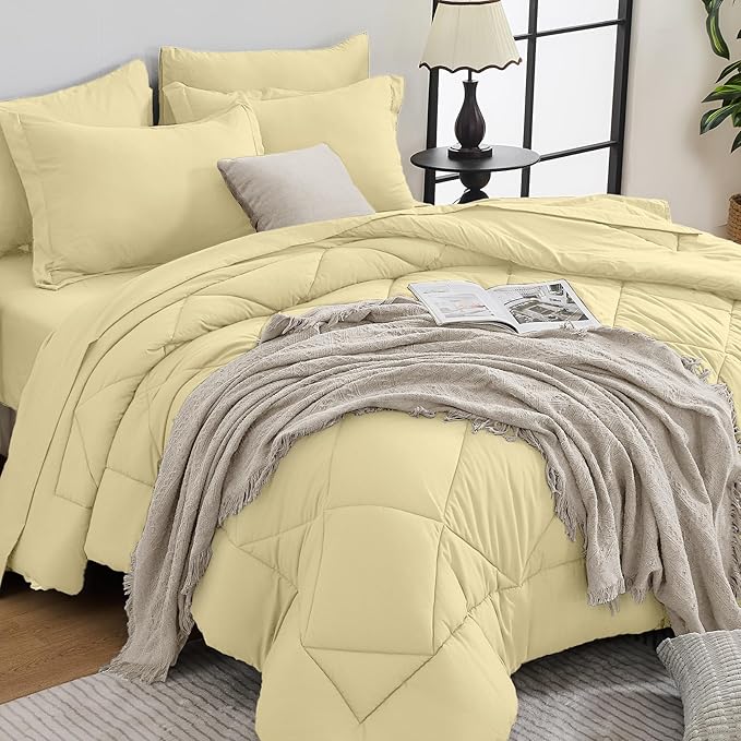 HEVUMYI Cream Yellow Queen Comforter Set - 7-Piece All Season Bed in a Bag Queen, Ultra Soft Bedding Set with Comforter, Flat Sheet, Fitted Sheet, Pillowcases, Pillow Shams