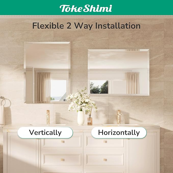 TokeShimi 24x32 Beveled Bathroom Mirror Frameless, Tempered Rectangle Bathroom Vanity Mirror Beveled with 1" Beveled Edge, Shatterproof Farmhouse Wall Mirrored for Living Room, Entryway, Restroom