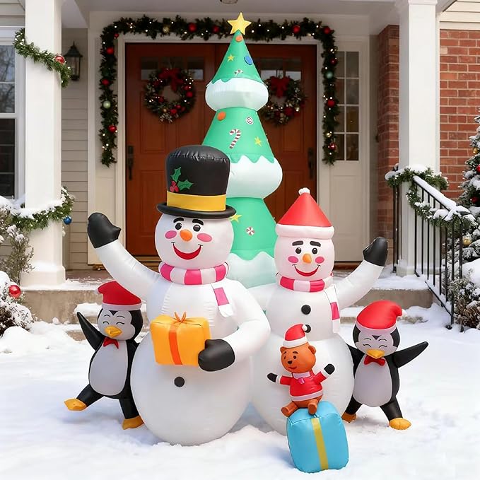8FT Christmas Inflatable Outdoor Decorations, Snowman Penguin Christmas Tree Inflatable Courtyard Decorations, Courtyard, Garden, Lawn Winter Decorations