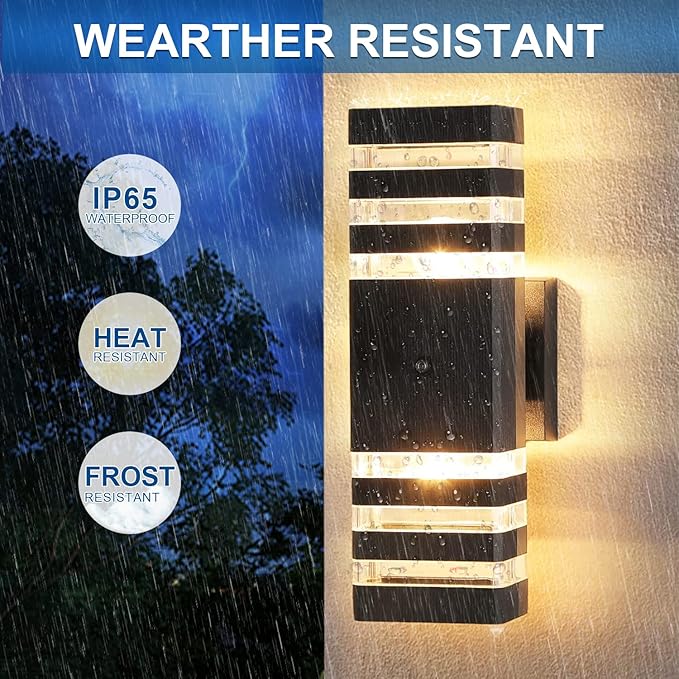 2PK Dusk to Dawn Sensor Outdoor Wall Lights Up Down Porch Lights Modern Exterior Light Fixtures Photocell Waterproof Black Aluminum Housing for Front Porch, Patio, Garage (Use Two E26 Bulbs)