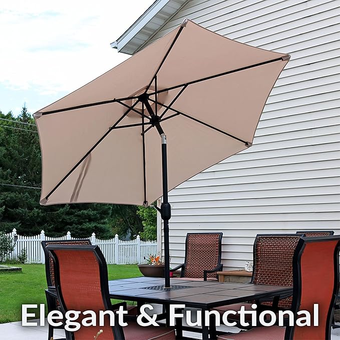 Sunnydaze Outdoor Patio Umbrella - Polyester Table Market Umbrella with Push-Button Tilt and Crank - 6 Sturdy Ribs - Beige - 7.5ft
