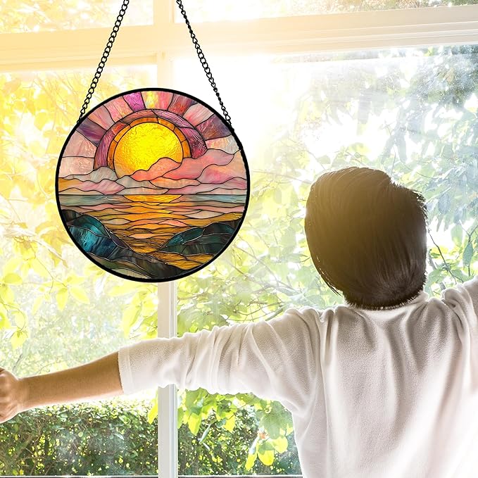 Stained Glass Window Hanging, Sunrise Over The Sea Suncatcher Diamond Glass Panel Hangings Abstract Sun Catchers Decor for Birthday for Women, Men, Wife, Aunt, and Mom 11.8 in