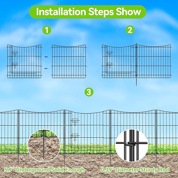 INJOPEXI Garden Fence 12 Panels 23.6ft(L)×24in(H) Decorative Garden Fences with 11 Panels + 1 Gate, Rustproof Metal Wire Temporary No Dig Rabbit Animal Barrier Fencing Dog Fence for Yard Patio Outdoor