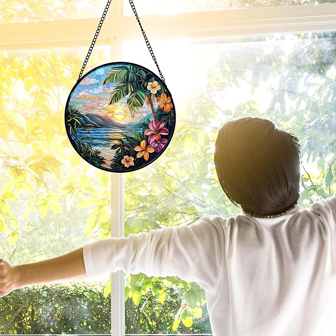 Stained Glass Window Hanging, Colorful Landscape Suncatcher for Doors Home Sun Catchers Decoration and Christmas, Mother's Day Birthday Gifts for Women, Men, and Mom 6.3 in
