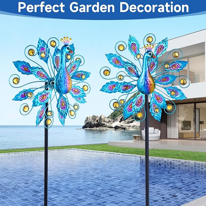 Wind Spinner for Yard and Garden Peacock Windmill Outdoor Metal Kinetic Art Wind Sculpture for Yard Patio Lawn Decoration 55 Inch,Gifts for Women