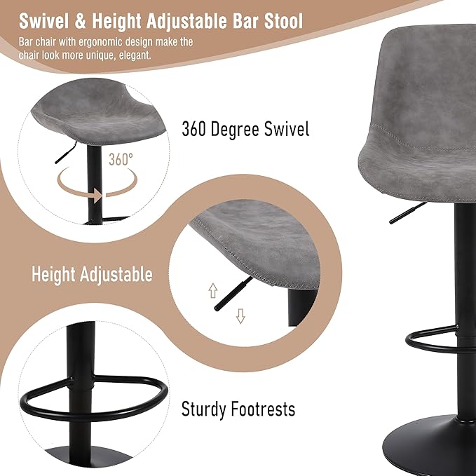 Bar Stools, Swivel Counter Height Barstools with Back, Adjustable Modern Bar Chairs, Tall Armless PU Leather Kitchen Island Stool (Grey, Set of 3)