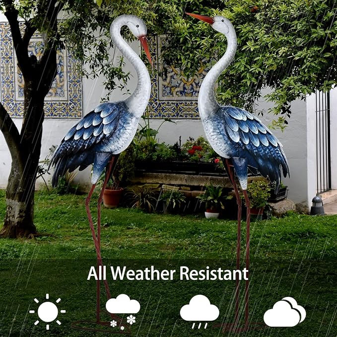 Kircust Outdoor Blue Heron Statues Metal Garden Crane Sculptures, Bird Yard Art Large 47-48 Inch, Set of 2, for Pond & Lawn Garden Decor, Gifts for Women, Men, Friends