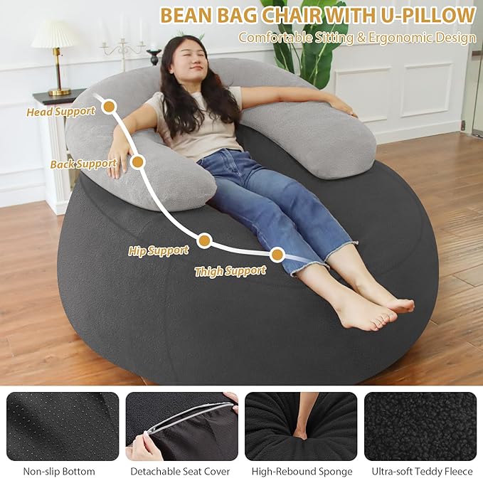 HABUTWAY Bean Bag Chair with U-Shaped Pillow for Adult and Kids Big BeanBag Chair with Filling Ultra Soft Teddy Fleece Couch Chair with Washable Cover for Living Room Bedroom, Dark Grey & Light Grey