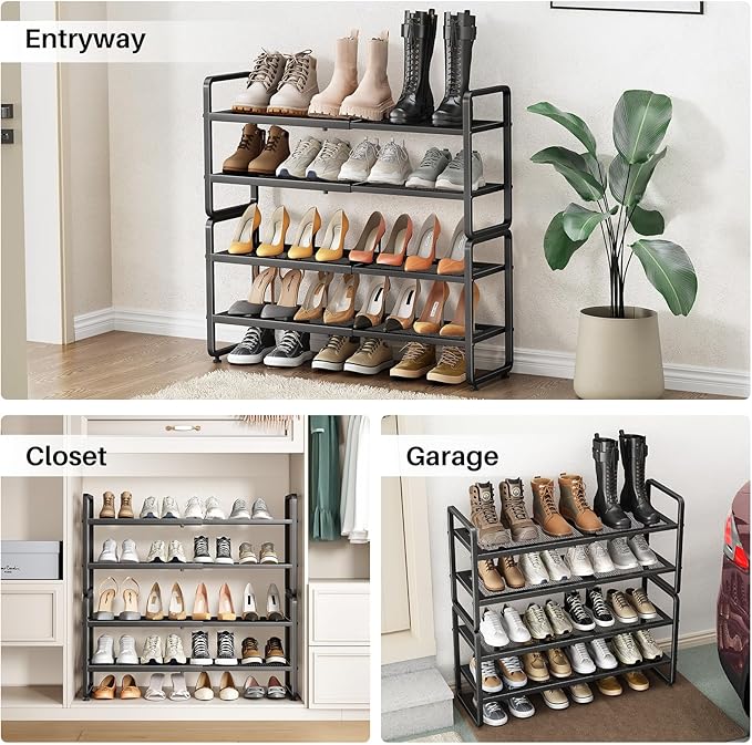 Shoe Rack - Expandable Shoe Organizer for Closet, Adjustable Metal Shoe Shelf Storage, 4 Tier Stackable Long Shoe Stand Holder for Garage, Entryway, Door Entrance, Black