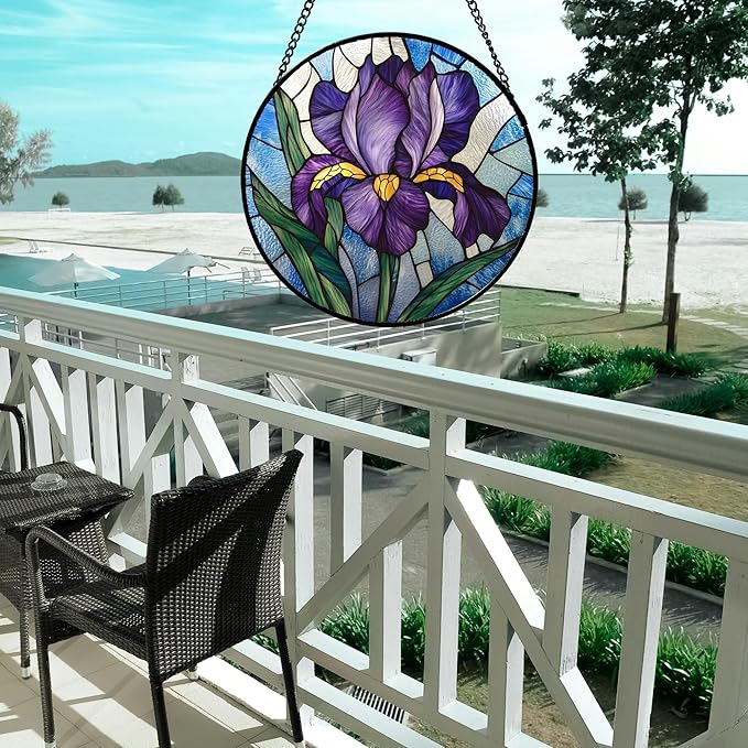 Stained Glass Window Hanging - Iris Birth Flower Suncatcher for Doors Garden Yard Purple Blue Sun Catchers Decor Christmas Mother's Day Birthday Gifts for Teacher Women Mom Nana 7.8 in