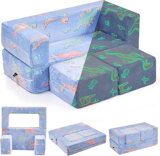 Kids Couch Sofa Modular Toddler Couch,Fold Out Kids Sofa, Blue Dinosaur