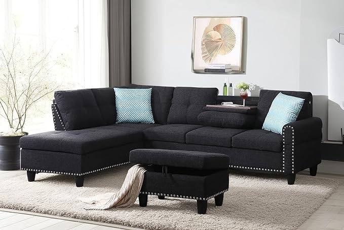 98 Inch L Shaped Sectional Sofa with Chaise Lounge, Storage Ottoman and 2 Pillows, 4-Seaters Linen Upholstered Tufted Couch w/Cupholder & Nailhead Trim for Living Room, Office, Charcoal Grey
