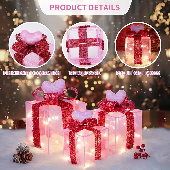 Pink Decorations Lighted Gift Boxes with Pink Cloth, Pre-lit Lights Gift Boxes Set of 3, Light up Present Boxes Set Battery Operated with Different Sizes for Holiday Indoor Decorations
