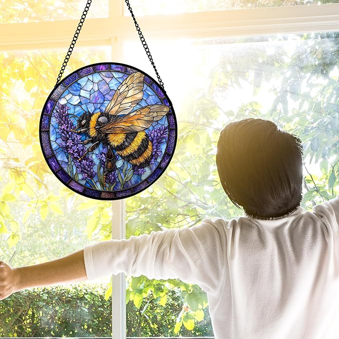 Stained Glass Window Hanging, Bee Lavender Sun Catchers Diamond Glass Panel Hangings Insect Suncatcher Decor for Birthday for Women, Men, Wife, Aunt, and Mom 9.8 in