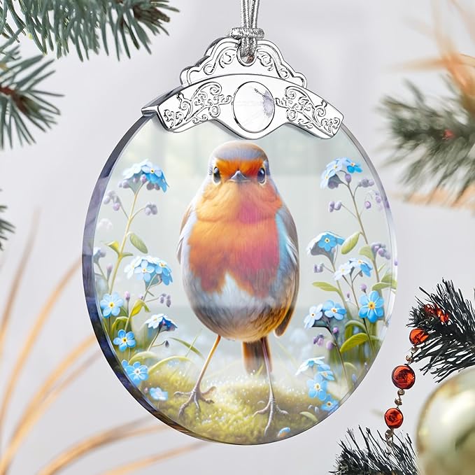 Robin Stained Glass Ornament - Christmas Tree Decorations, Robin Ornaments for Christmas Tree