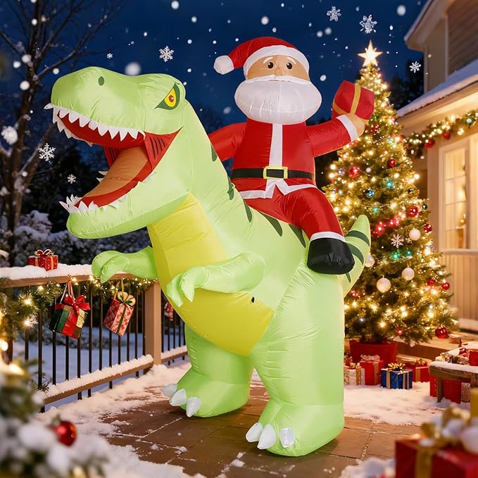8.7x8FT Christmas Inflatable Santa Claus Ride on Dinosaur, Christmas Inflatables Santa Outdoor Decoration with LED Lights, Inflatable Christmas Decorations Xmas Party Decor