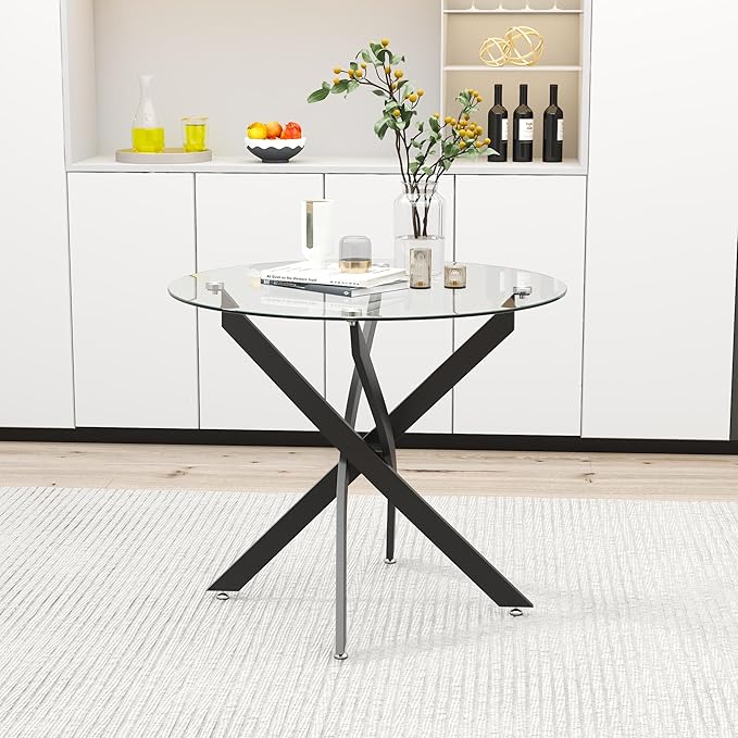Glass Dining Table Modern Kitchen Table with Black Metal Legs 32 Inch Small Round Dining Table for Apartment Kitchen Dining Room
