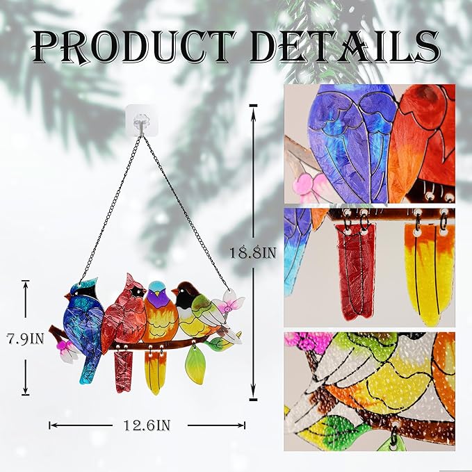 Stained Glass Window Hanging, Birds on A Branch Stain Glass Suncatcher, Hand-Painted Sun Catchers Indoor Window Decoration Bird Lover Gift for Mom, Grandma, Stocking Stuffers for Women
