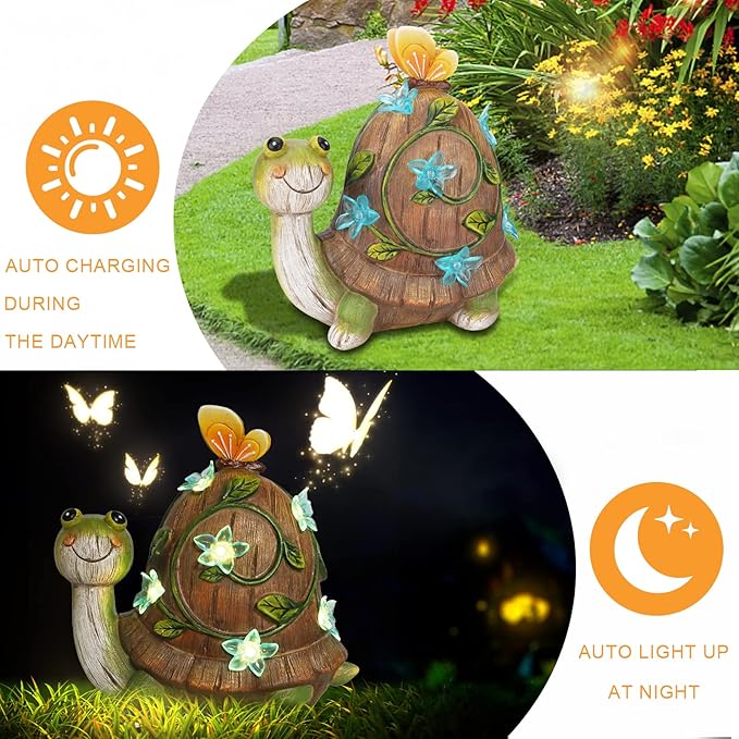 Bshine Solar Garden Statue Turtle Figurine Resin Animal Sculpture Decor with Solar Lights Cute Art Sculpture for Patio Lawn Yard Outdoor Decorative