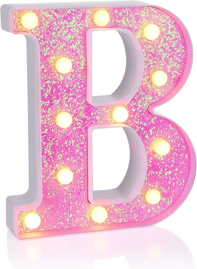 Foaky Pink Light up Letters，Pink Party Decorations,Girls Room Decor,Glitter Light Up Letters,Alphabet Letter Sign for Night Light Birthday Party Girls Gifts, Home Bar Decoration（B）