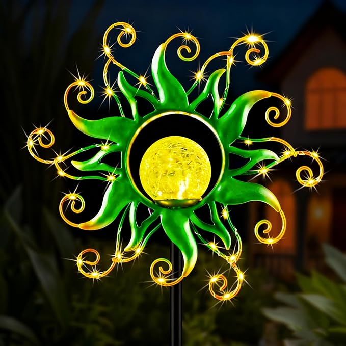 Solar Garden Lights Outdoor, Green Metal Sun Stake with 30 LED Waterproof Vine String Crackle Glass Spring Decor for Patio,Yardr,Lawn Gardening Birthday Gifts