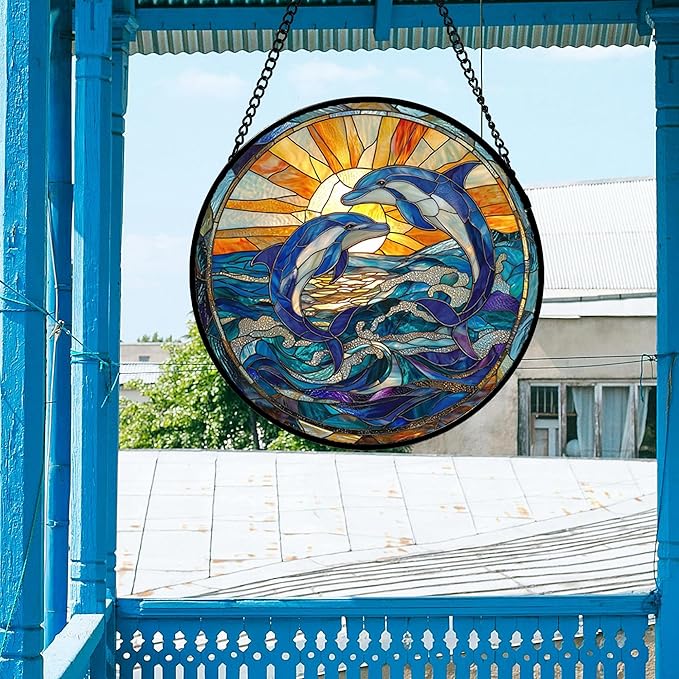 Stained Glass Window Hanging, Blue Dolphin Sun Catchers Colorful Glass Panel Sunrise Sea View Suncatcher Decor for Birthday for Women, Men, Wife, Aunt, and Mom 14.9x14.9 in