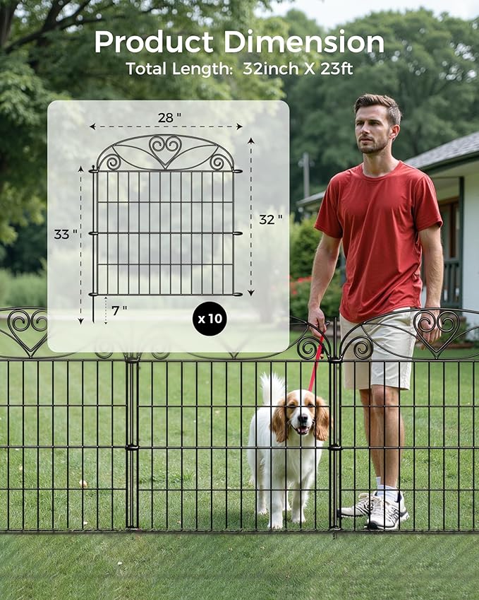 10 Panels No Dig Decorative Outdoor Garden Fence with Gate, 32 in(H) X 23.6 ft(L) Animal Barrier Fencing, Rustproof Portable Fence, Temporary Dog Fence Outdoor for Yard, Outside, Backyard