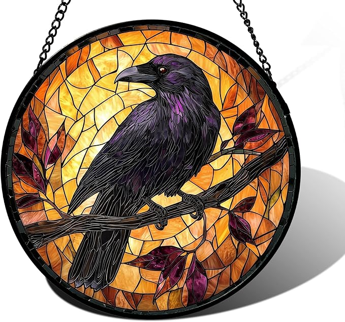 Stained Glass Window Hanging - Crow on a Branch Suncatcher Ready to Hang Window Doors Home Decoration and Christmas, Mother's Day Birthday Gifts for Women, Men, and Mom 6.3x6.3 in