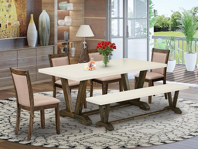East West Furniture V727MZ716-6 6 Piece Dining Set Contains a Rectangle Dining Room Table with V-Legs and 4 Dark Khaki Linen Fabric Upholstered Chairs with a Bench, 40x72 Inch, Multi-Color