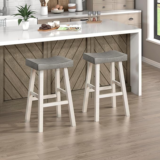 Lexicon Saddle Bar Stools Set of 2 Barstools with Footrest, Armless Dining Chairs for Kitchen Island, Breakfast Nook, Living Room, Pub Height, White/Coffee