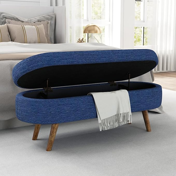 Oval Storage Bench 43.5" Linen Fabric Upholstered Entryway Bench with Solid Wood Legs Ottoman Bench Indoor Bench for Living Room/Bedroom/End of Bed/Entryway (Dark Blue)