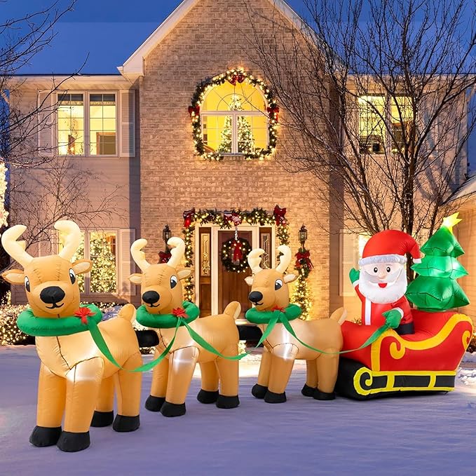 Sizonjoy Outdoor Christmas Inflatables Decorations,13 FT Lighted Christmas Inflatables Santa Claus on Sleigh with 3 Reindeer & Christmas Tree for Indoor Outdoor Home Holiday Yard Decorations