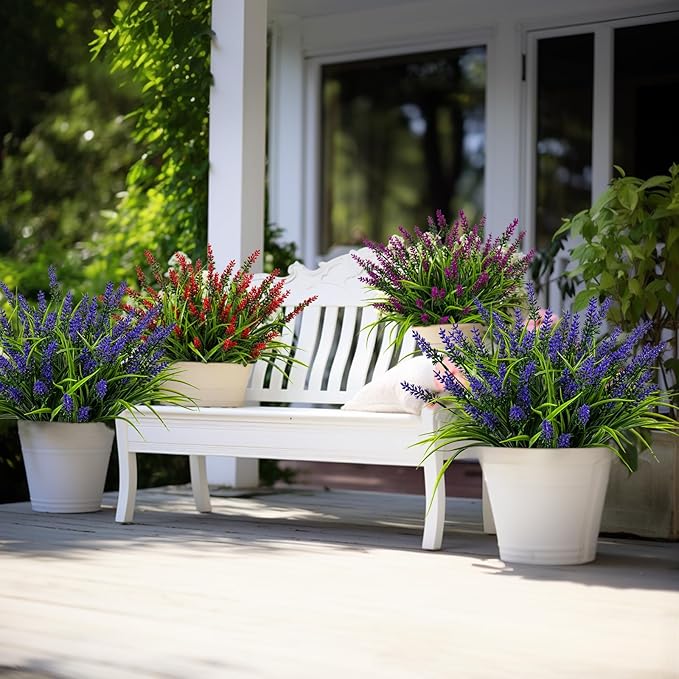 Artificial Flowers for Outdoor Plants 24 Bundles Fake Lavender Plastic Faux Monkey Grass for Verandah Window Garden Office Patio Front Porch UV Resistant for Planter(Purple)