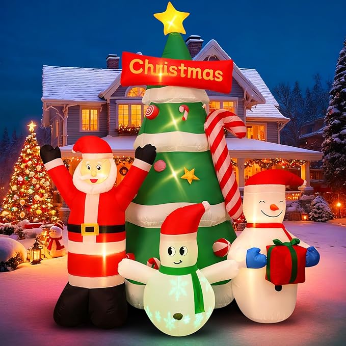 Max Fun 9Ft Christmas Tree Inflatables Decorations with Santa Snowman Built-in LED Lights Blow Up Christmas Tree Outdoor Decoration for Christmas Party Holiday Outdoor Garden Lawn Yard Decor
