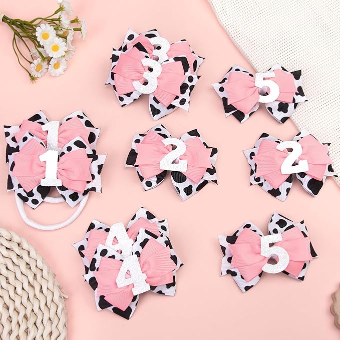 Cow Print Birthday Bow Hair Clip, Pink Farm Animal Theme 4 Year Old Hair Bow Clip Accessory for Toddler Girls Party Baby Shower Decor