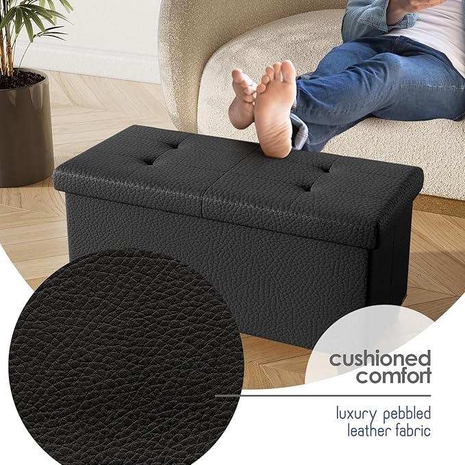 STORAGEBUD Storage Ottoman Bench with Bins, 30-in Storage Bench for Bedroom End of Bed, Folding Foot Rest Ottoman for Living Room Max 660lbs, Faux Leather Ottomans, Black