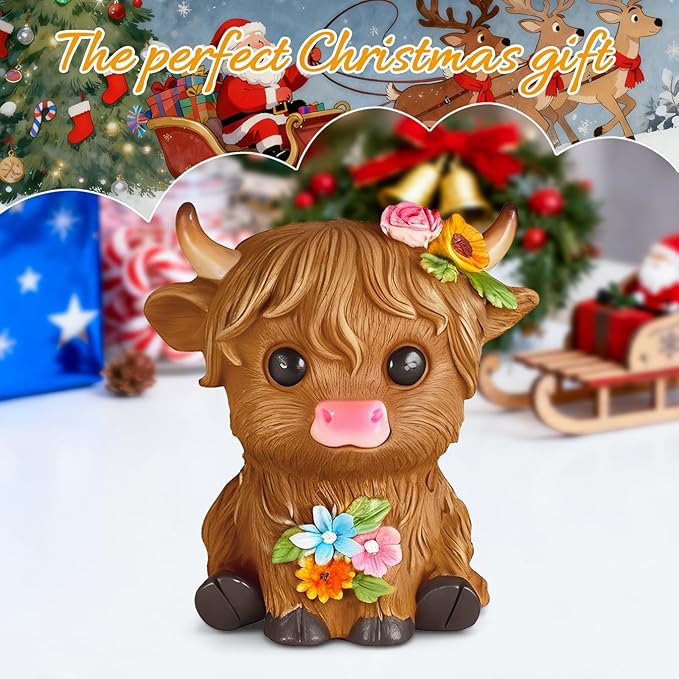 Highland Cow Statue Resin Birthday Gifts for Women,Mom,Beautifully Crafted Home Office Farmhouse Kitchen Decorations Garden Figurine