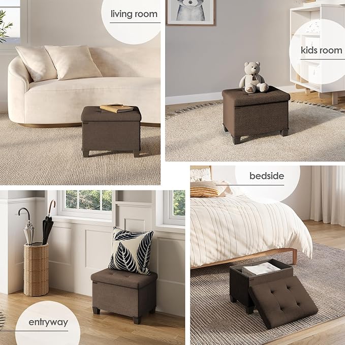 STORAGEBUD Storage Ottoman Cube with Small Bin, 16-in Square Ottoman with Storage for Living Room and Bedroom, Small Ottomans Foot Rest, Fabric Foot Stools Ottomans Max 330lbs, Brown