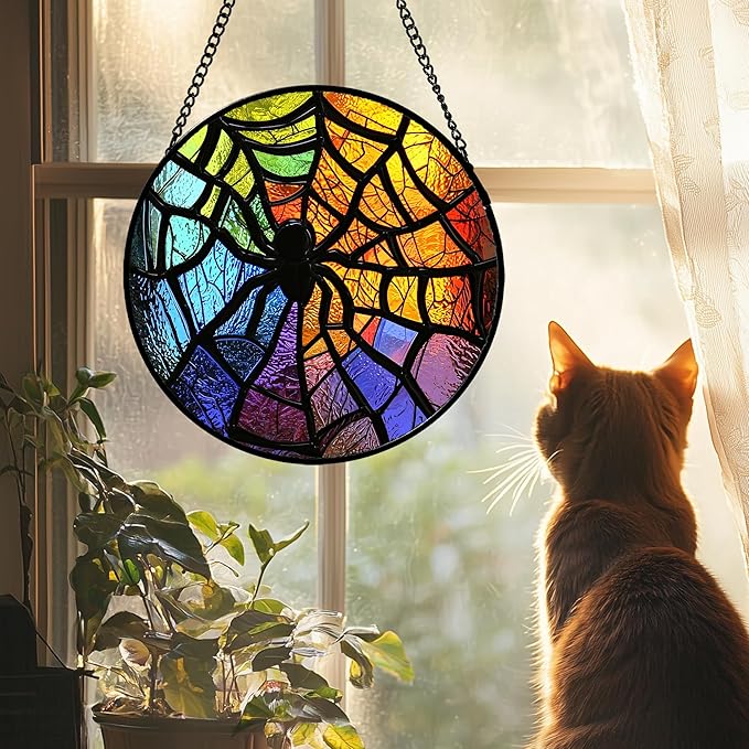 Stained Glass Suncatcher, Colorful Spider Sun Catcher Black Insect Stain Glass Window Hanging Decoration Mother's Day Birthday Gifts for Women Men Mom Nana 9.8 in