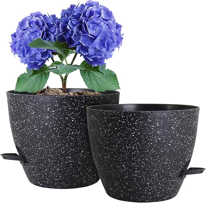 10 inch Self Watering Pots, Planter, Plant Pots with Mesh Drainage Holes for Indoor Outdoor House Plants and Garden, Pack of 2 Plastic Flower Pots with Deep Reservoir, Speckled Black