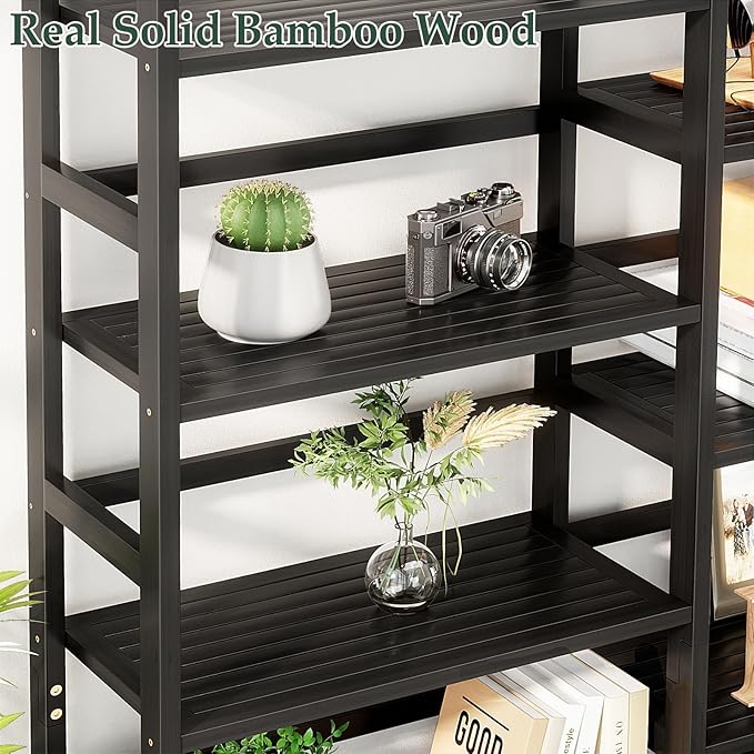 Homykic Bamboo Triple Wide Shallow Bookshelves and Bookcases, 6-Tier 6ft Tall Bookshelf with 17 Open Display Shelves, Super Large Freestanding Book Shelf for Home Office, Bedroom, Living Room, Black